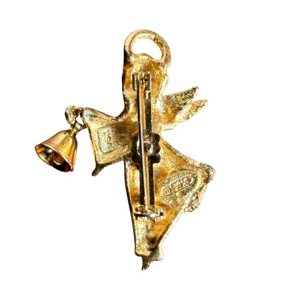 Robyn Rush Signed Guardian Angel Bell Brushed Gold Tone Christmas Brooch Vintage - Picture 3 of 4